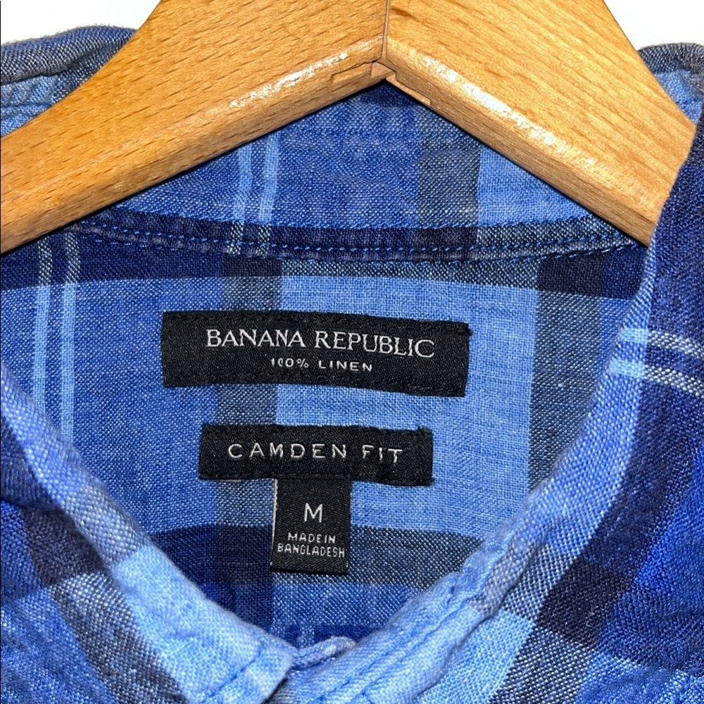 BANANA REPUBLIC 100% Linen Camden Fit Short Sleeve Button Down Blue Plaid - Picture 3 of 4